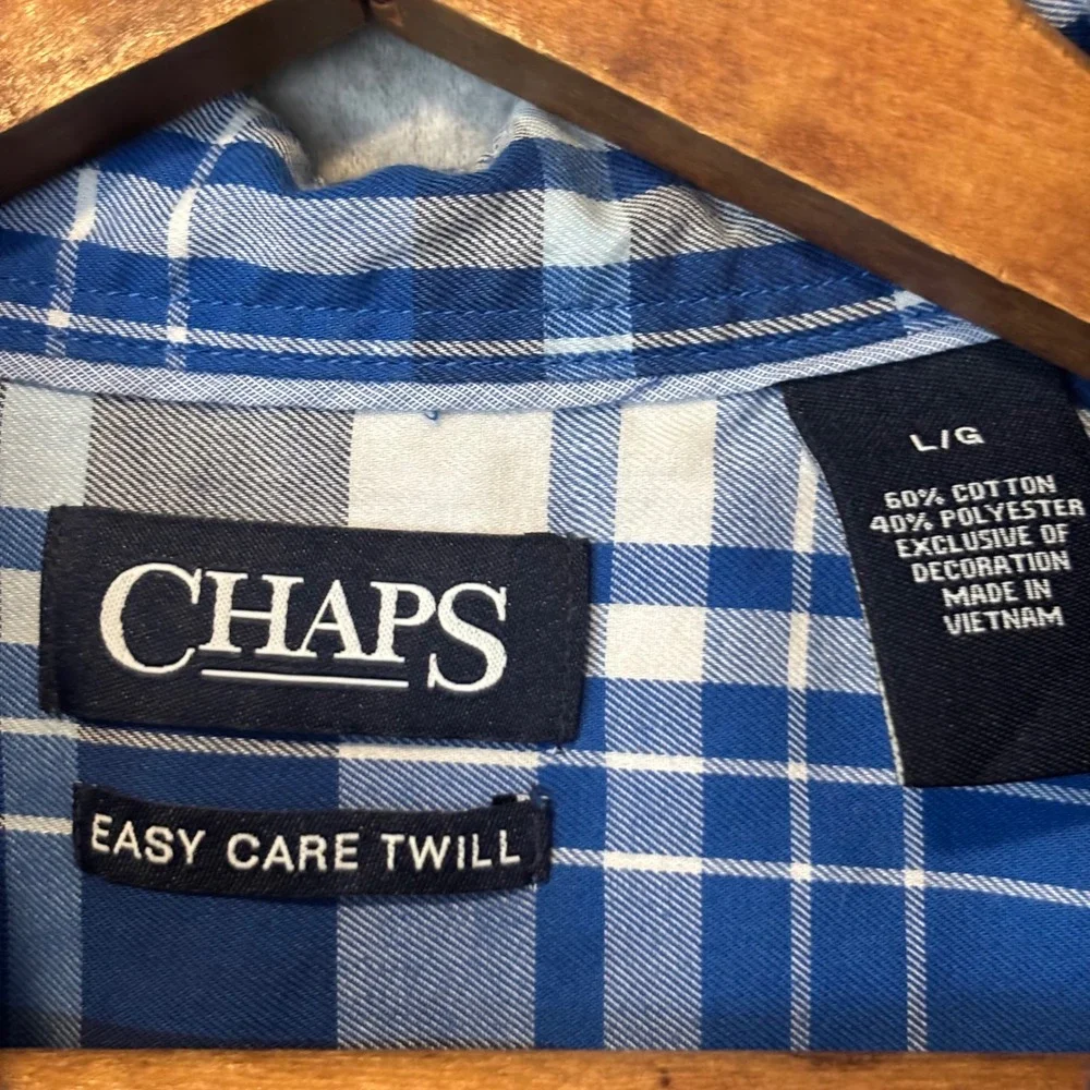 Chaps Mens Large‎ Button Down Shirt Long Sleeve Blue White Plaid Easy Care Twill